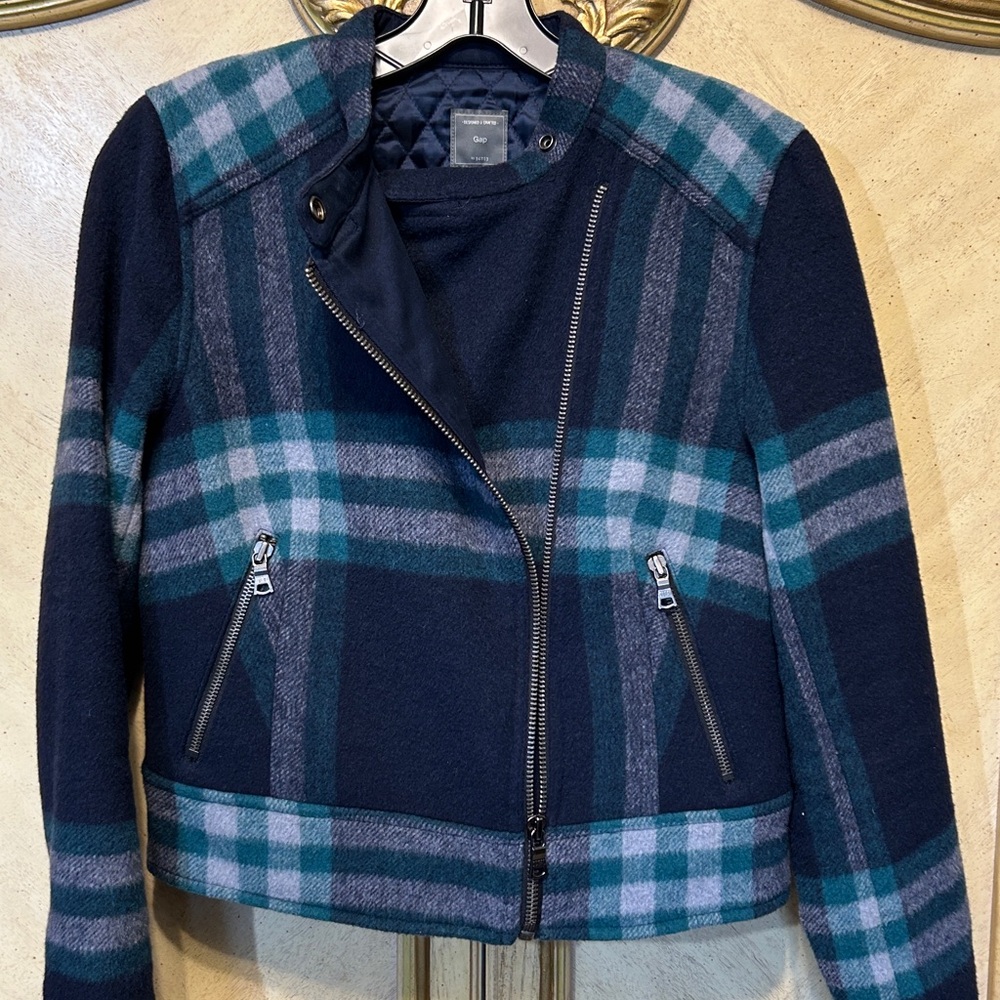 GAP Blue & Green Gray Plaid Zip Front Wool Mix Quilted Moto Coat Jacket